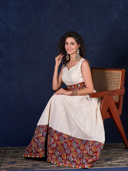 Heritage Ivory Hakoba Panel Long Gown with Kalamkari Border, Mirror Work Detachable Belt and Deep Back Neckline