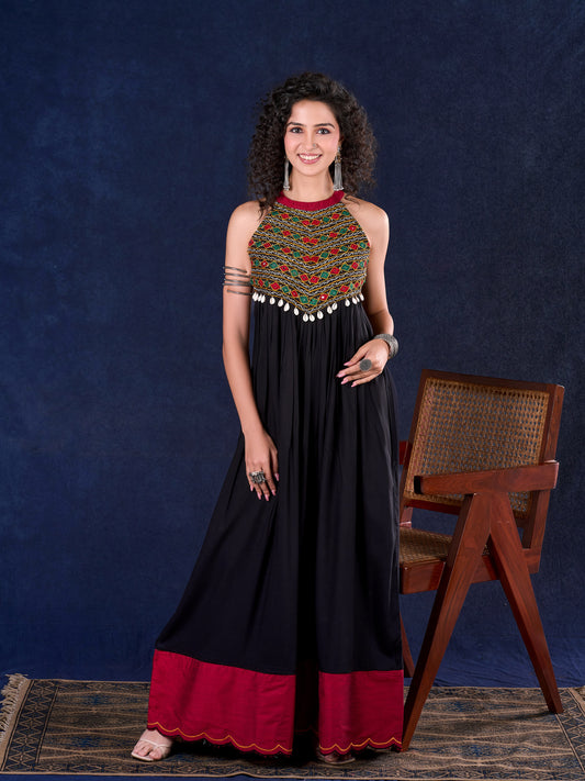 Elegant Black Rayon Halter Neck Long Gown with Mirror Work & Cowrie Shell Embellishments
