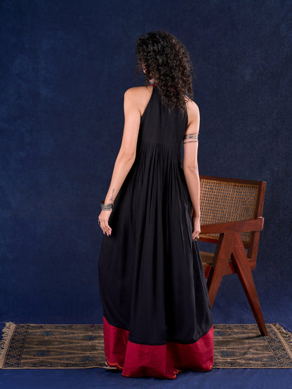 Elegant Black Rayon Halter Neck Long Gown with Mirror Work & Cowrie Shell Embellishments