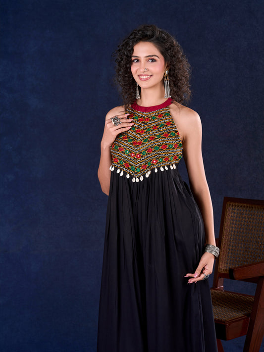 Elegant Black Rayon Halter Neck Long Gown with Mirror Work & Cowrie Shell Embellishments