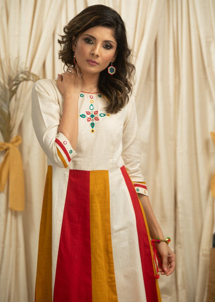 Exclusive multicolored cotton dress with mirror work on yoke