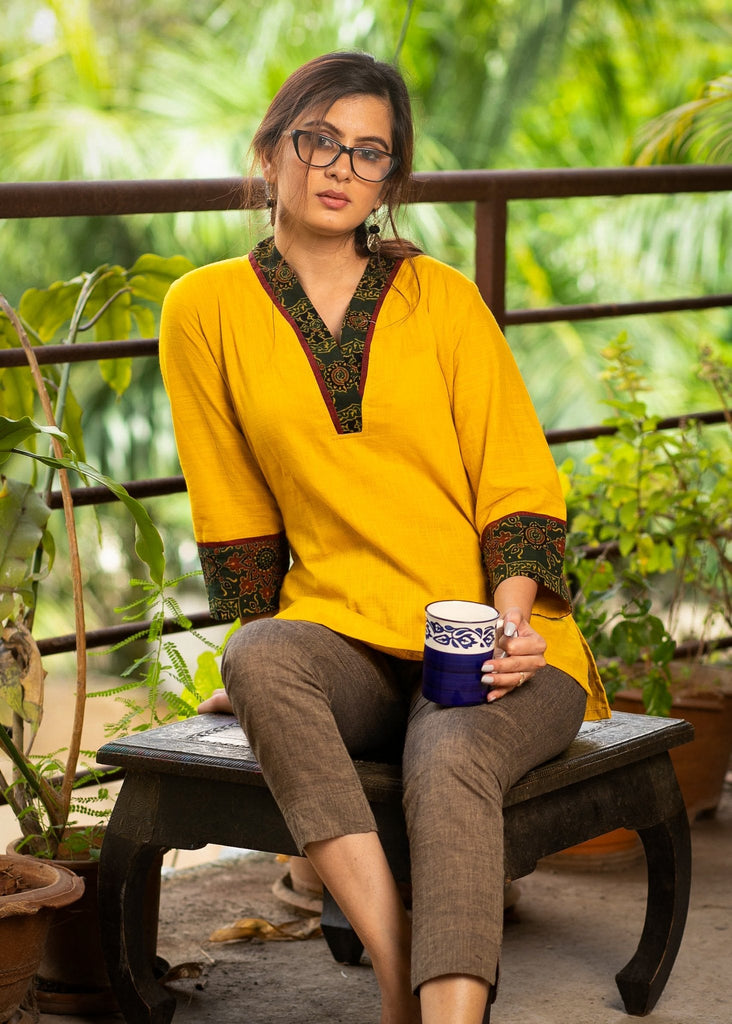 Exclusive mustard top with Ajrakh detail