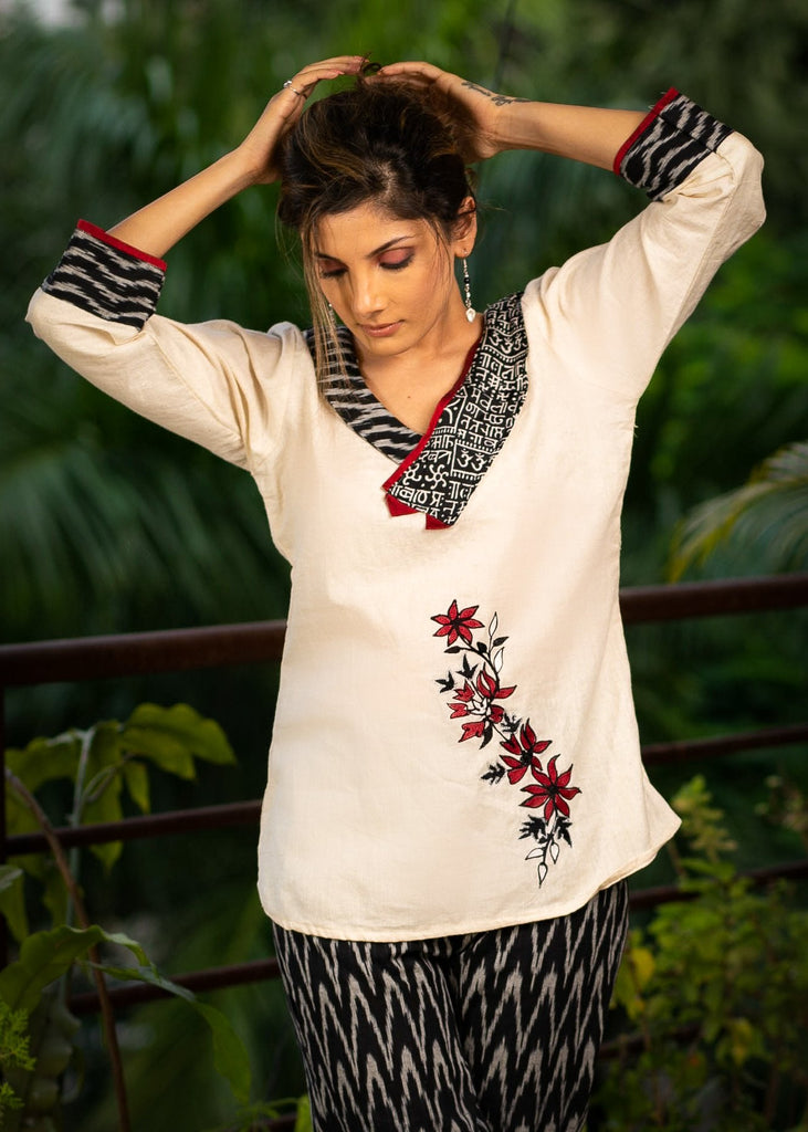 Exclusive embroidered cotton top with optional Ikat coordinated pants