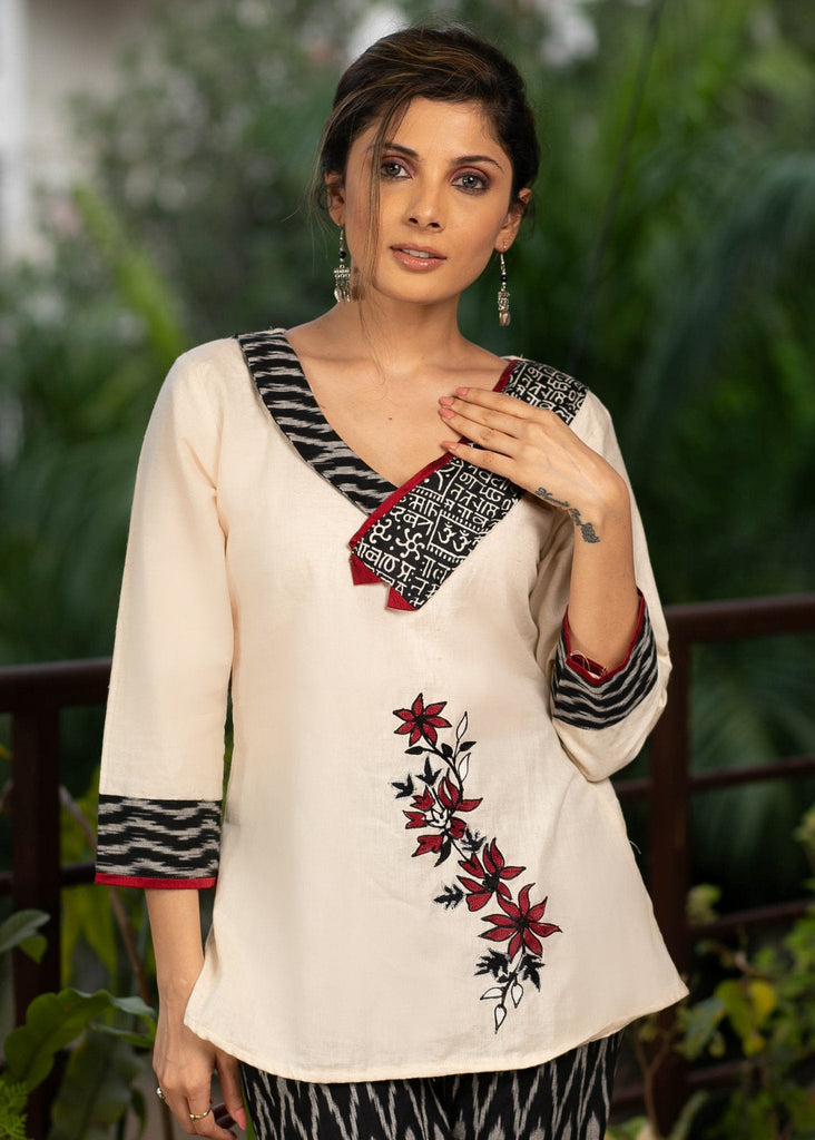 Exclusive embroidered cotton top with optional Ikat coordinated pants