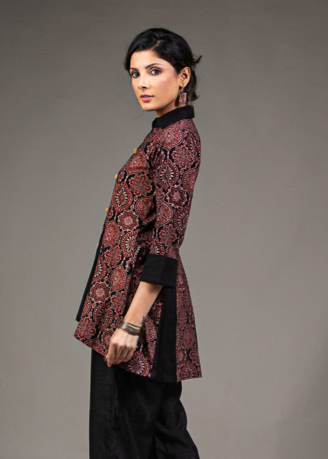 Maroon black all over Ajrakh printed high low inserted black pleated top