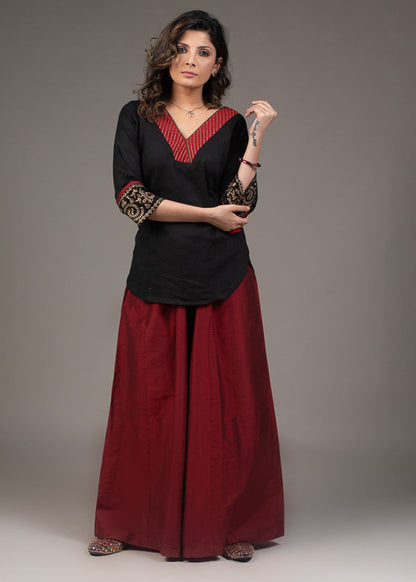 Hand embroidered zardozi maroon collar cotton silk top