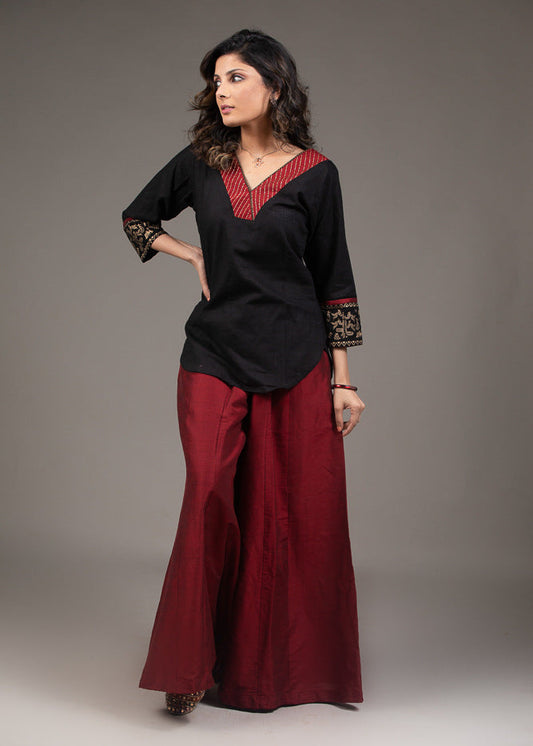 Hand embroidered zardozi maroon collar cotton silk top