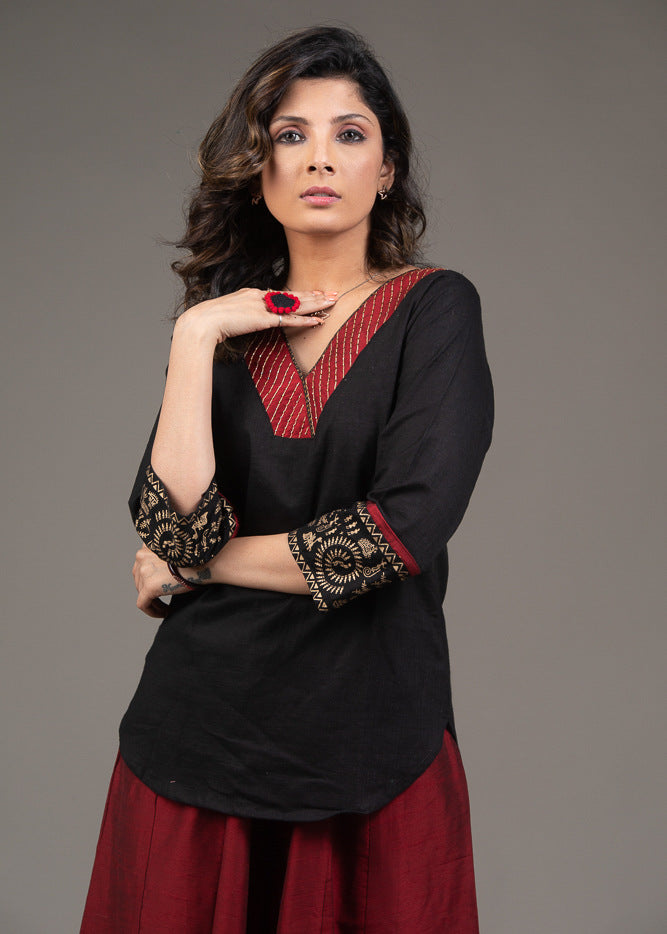 Hand embroidered zardozi maroon collar cotton silk top - Pant Optional