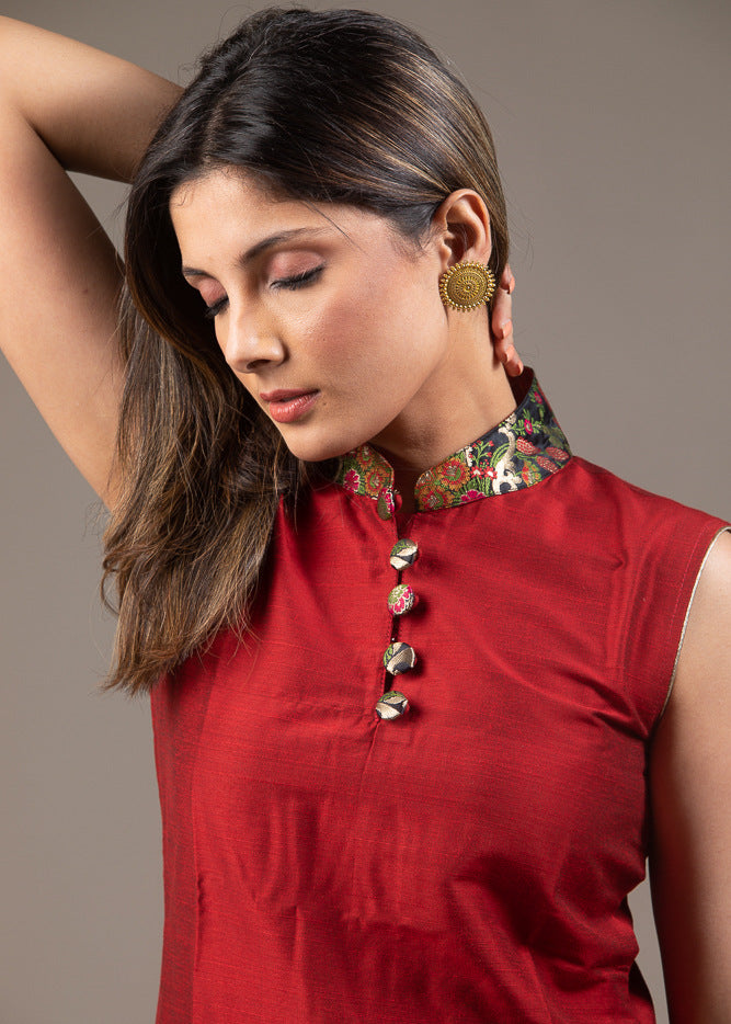 Maroon cotton silk Benarasi combination top