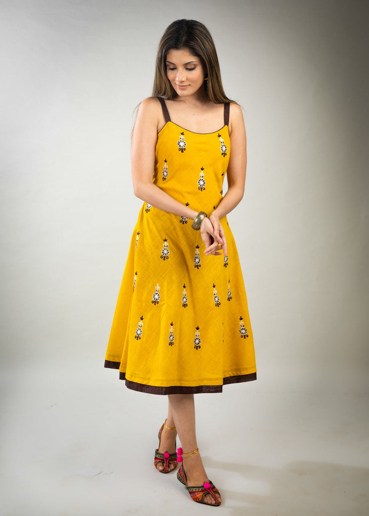 Mustard Cotton antique motif embroidery strapy dress