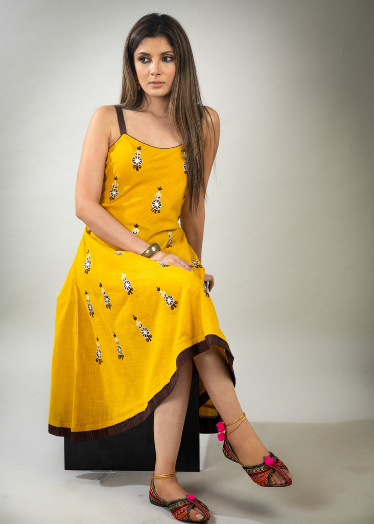 Mustard Cotton antique motif embroidery strapy dress