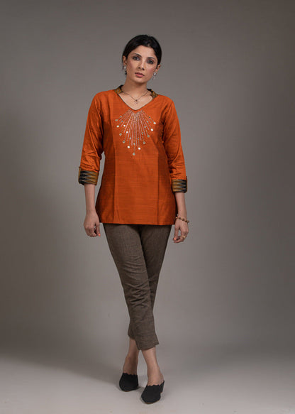 Zardosi hand embroidered mirror work rust cotton silk top