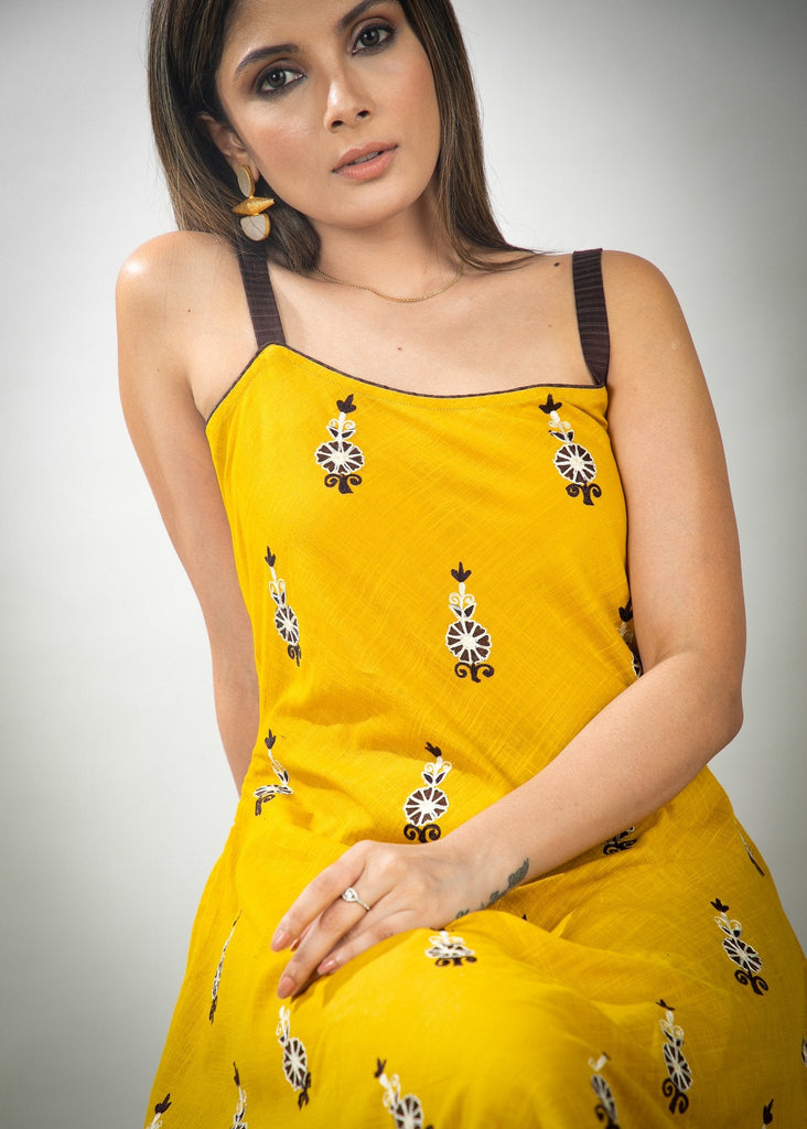 Mustard Cotton antique motif embroidery strapy dress