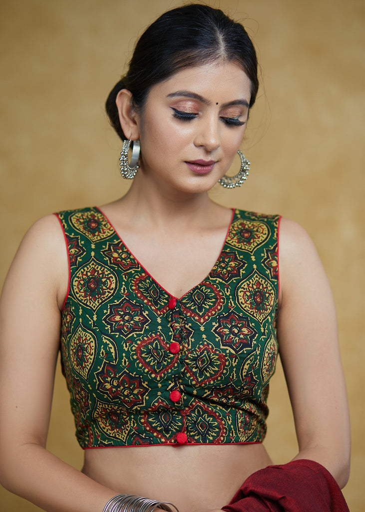 Exclusive Green Ajrakh Cotton Sleeveless Blouse with Maroon Detailing