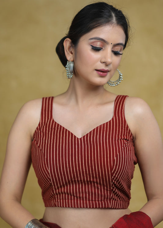 Smart Maroon Cotton Stripe Ajrakh Sleeveless Blouse with Dori