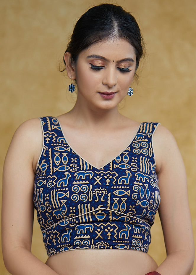 Elegant Pure Ajrakh Sleeveless Blue Cotton Blouse With Traditional Animal Print Motif & Cream Detailing