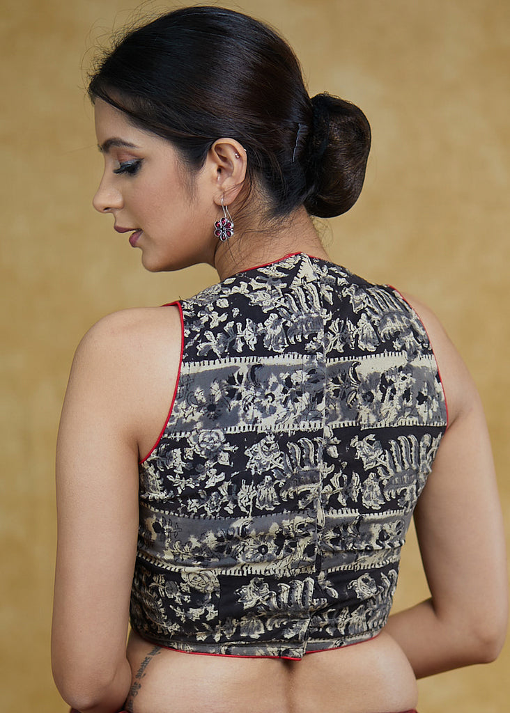 Trendy Black & Grey Cotton Printed Sleeveless Blouse with Red Detailing