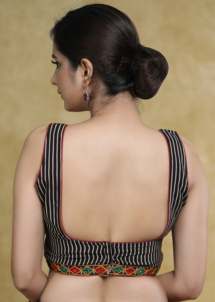 Exclusive Black Line Stripe Ajrakh Sleeveless Blouse with Mirrorwork Detailing at the Hem