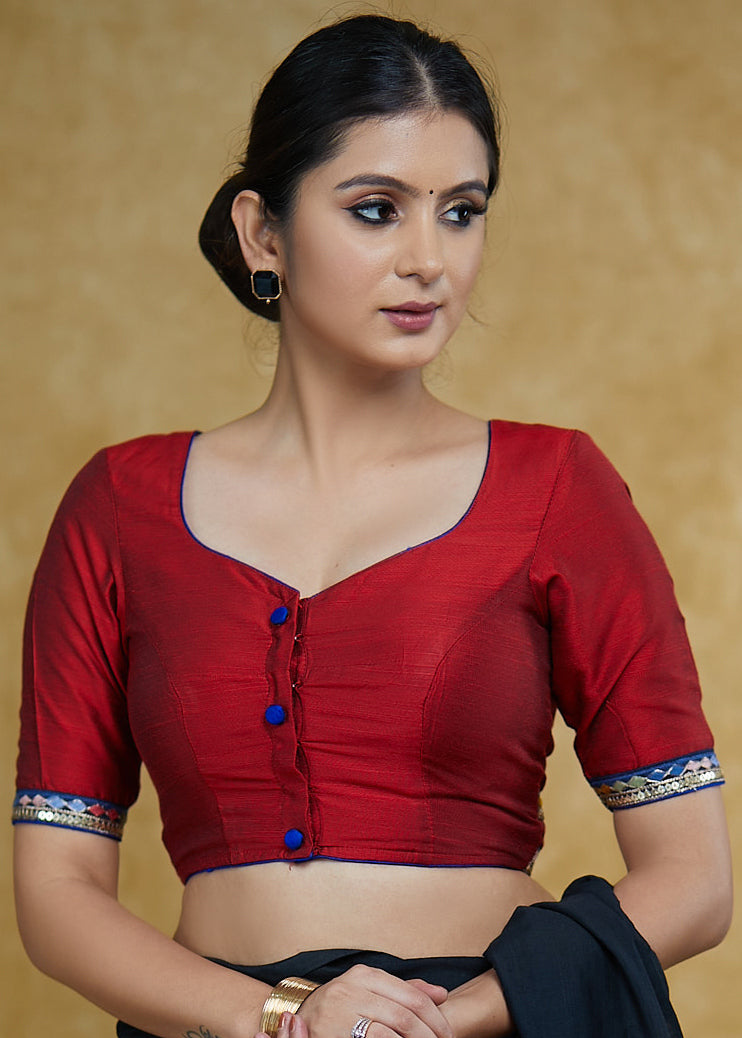 Classic Maroon Cotton Silk Blouse with Blue Lace Detailing and Blue Buttons