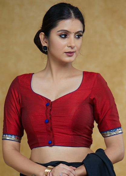 Classic Maroon Cotton Silk Blouse with Blue Lace Detailing and Blue Buttons