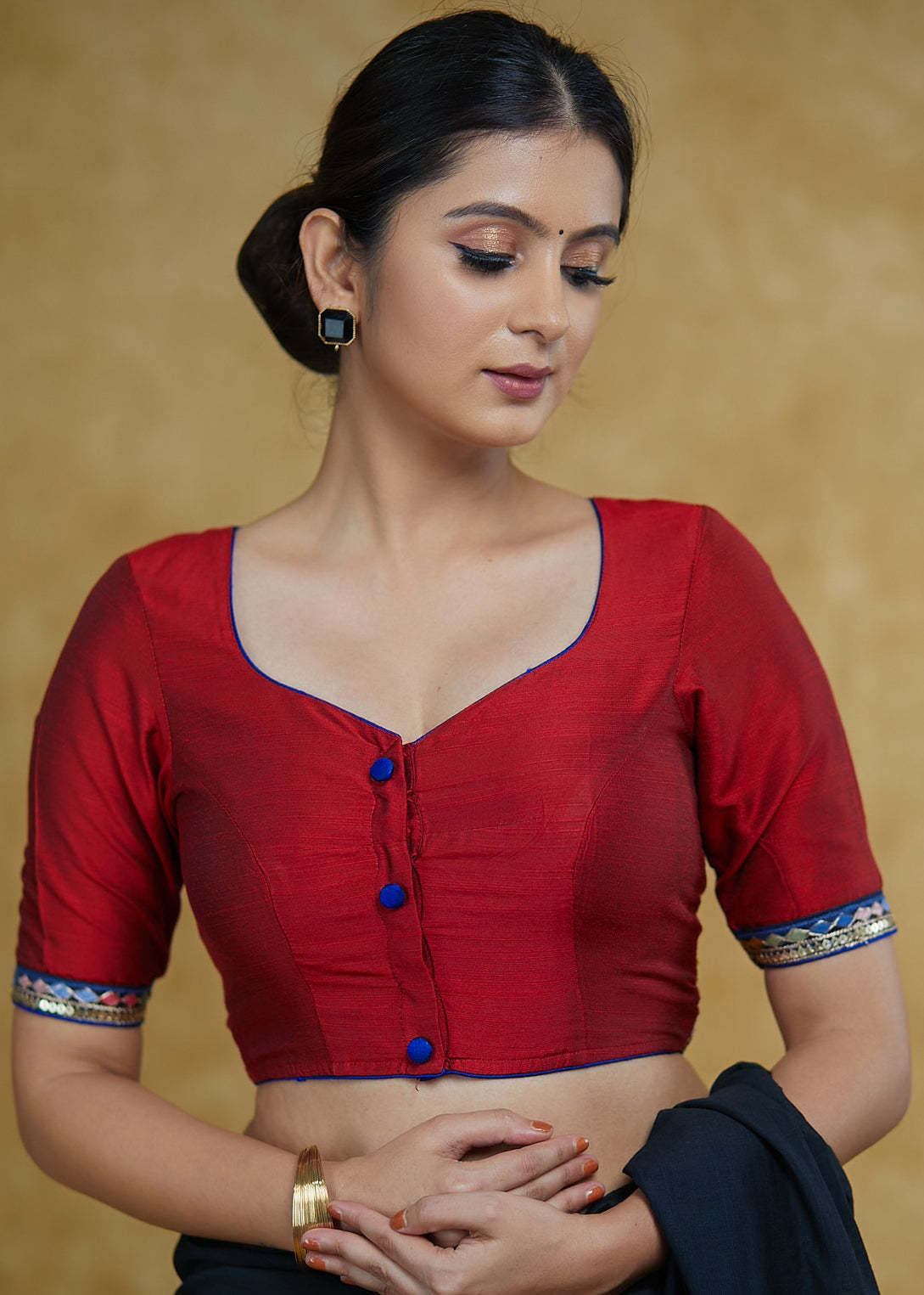 Classic Maroon Cotton Silk Blouse with Blue Lace Detailing and Blue Buttons