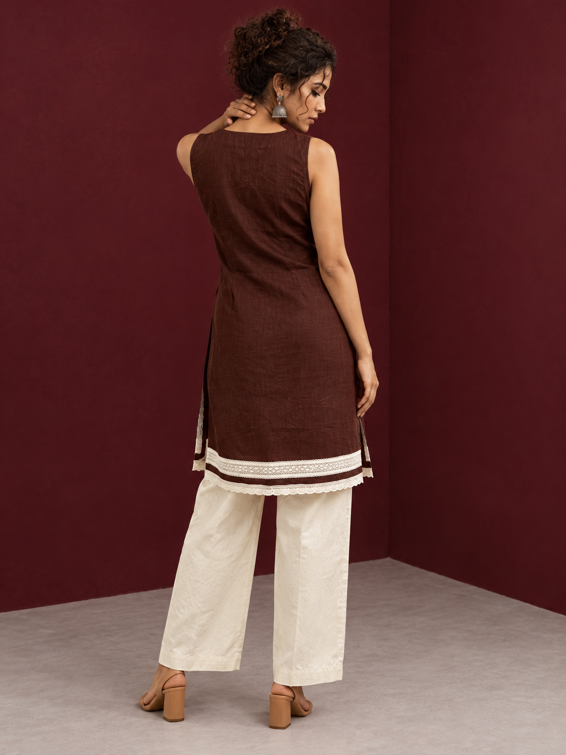Timeless Brown Cotton Sleeveless Tunic with Notched V-Neck Button Placket & Contrast Lace Hem Border — back view — view 2