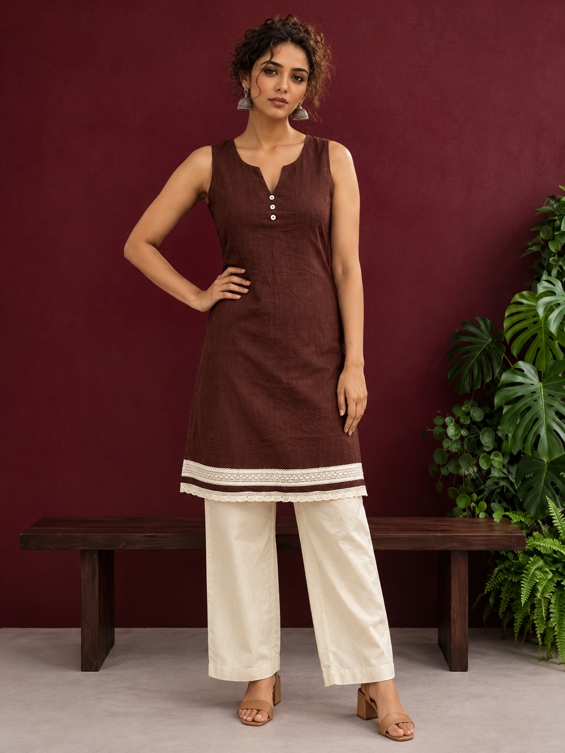 Timeless Brown Cotton Sleeveless Tunic with Notched V-Neck Button Placket & Contrast Lace Hem Border — front view — view 4