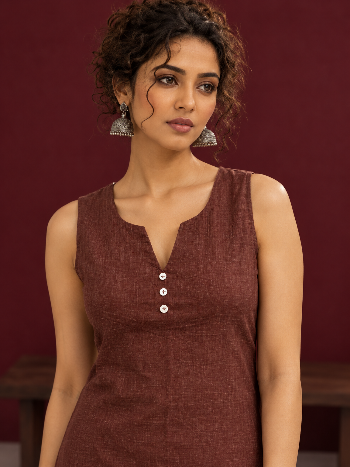 Timeless Brown Cotton Sleeveless Tunic with Notched V-Neck Button Placket & Contrast Lace Hem Border — fabric detail — view 3
