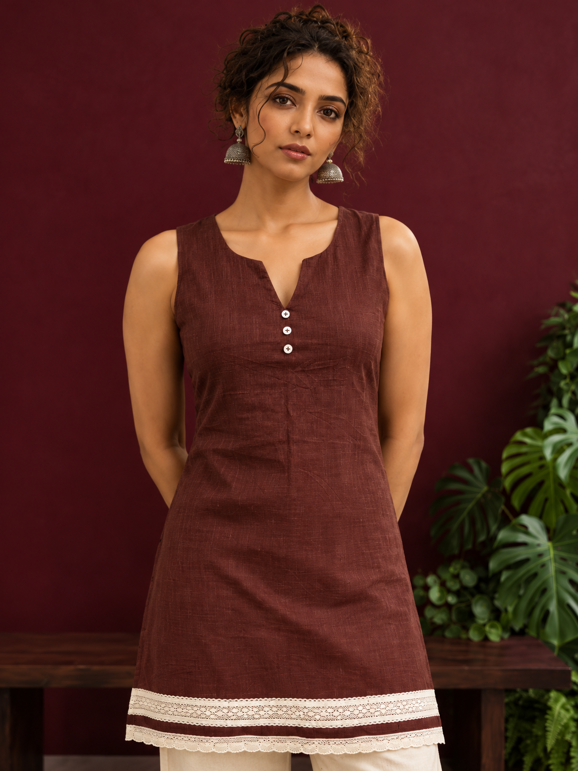 Timeless Brown Cotton Sleeveless Tunic with Notched V-Neck Button Placket & Contrast Lace Hem Border — styled view — view 5