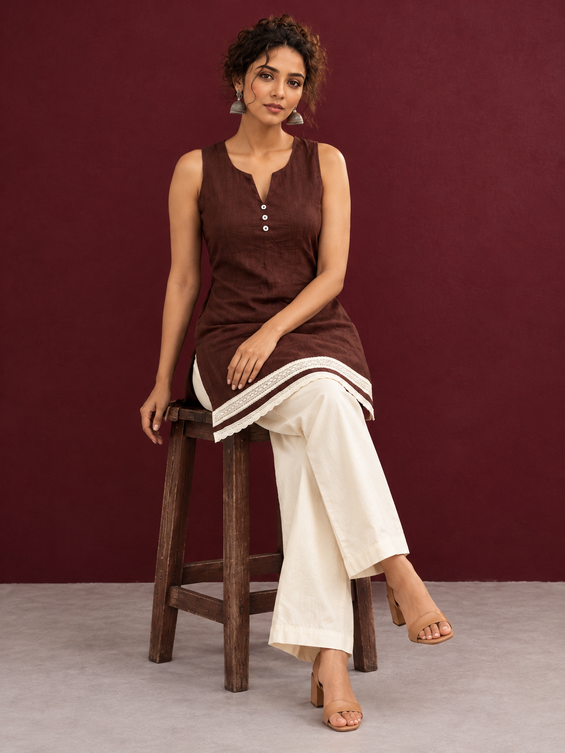 Timeless Brown Cotton Sleeveless Tunic with Notched V-Neck Button Placket & Contrast Lace Hem Border