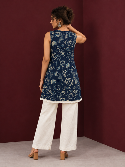 Navy Blue Batik Print Cotton Tunic with Ivory Lace Hemline & Mother-of-Pearl Button Placket — back view
