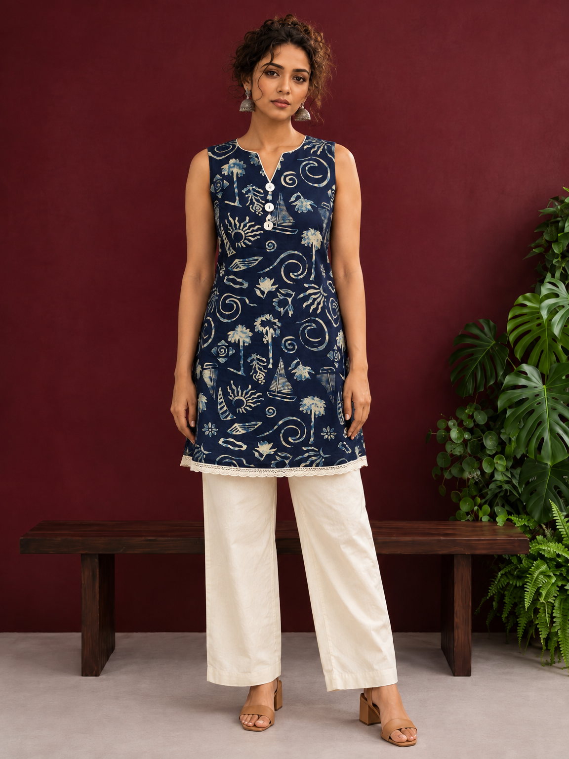 Navy Blue Batik Print Cotton Tunic with Ivory Lace Hemline & Mother-of-Pearl Button Placket — front view