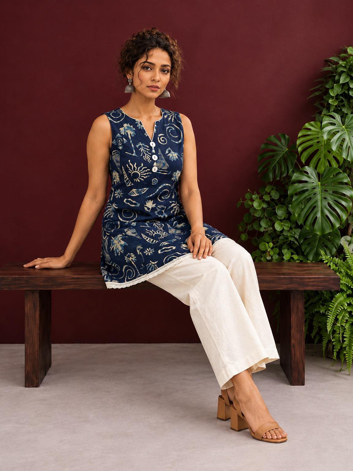 Navy Blue Batik Print Cotton Tunic with Ivory Lace Hemline & Mother-of-Pearl Button Placket — seated — view 6