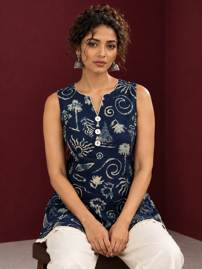 Navy Blue Batik Print Cotton Tunic with Ivory Lace Hemline & Mother-of-Pearl Button Placket — seated detail