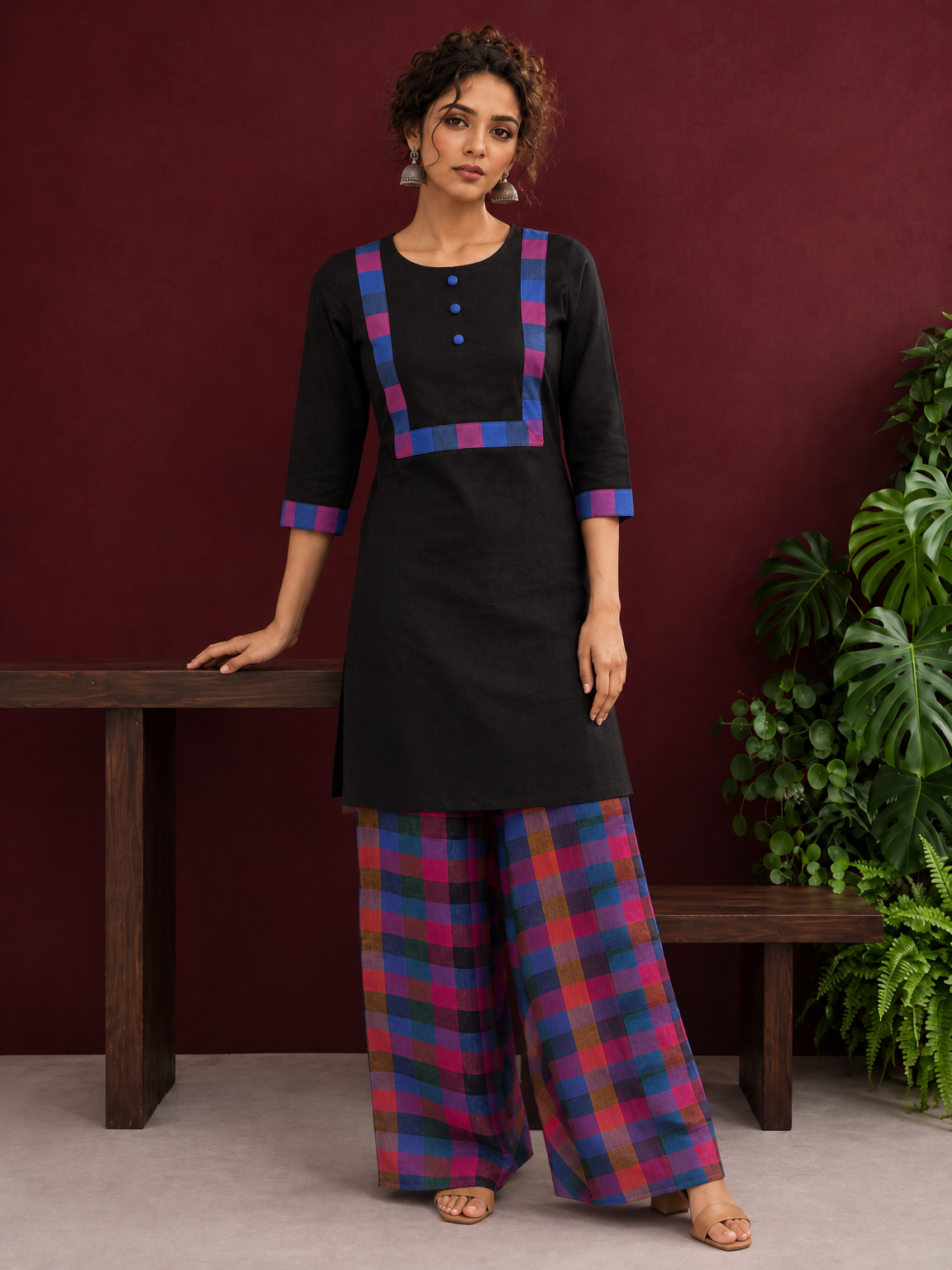Timeless Black Cotton Kurta with Contrast Checkered Yoke Panel — front view — view 4