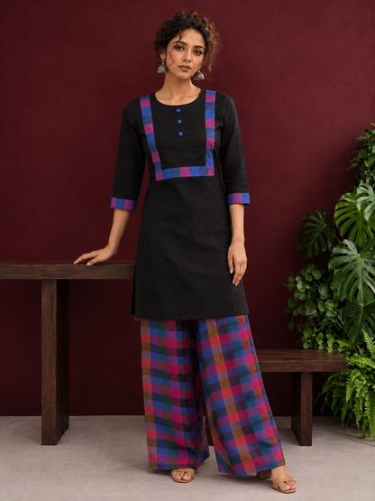 Timeless Black Cotton Kurta with Contrast Checkered Yoke Panel — front view