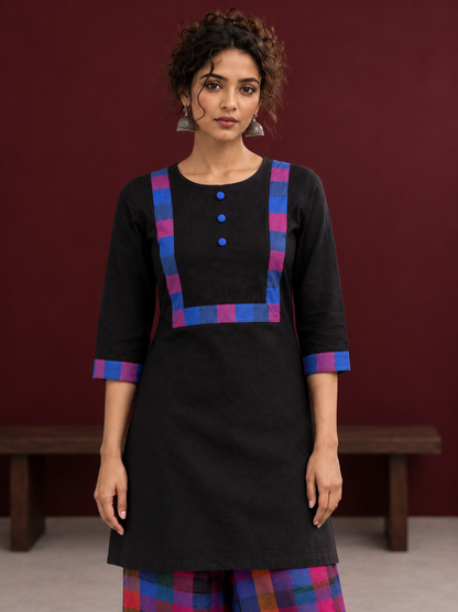 Timeless Black Cotton Kurta with Contrast Checkered Yoke Panel — styled view