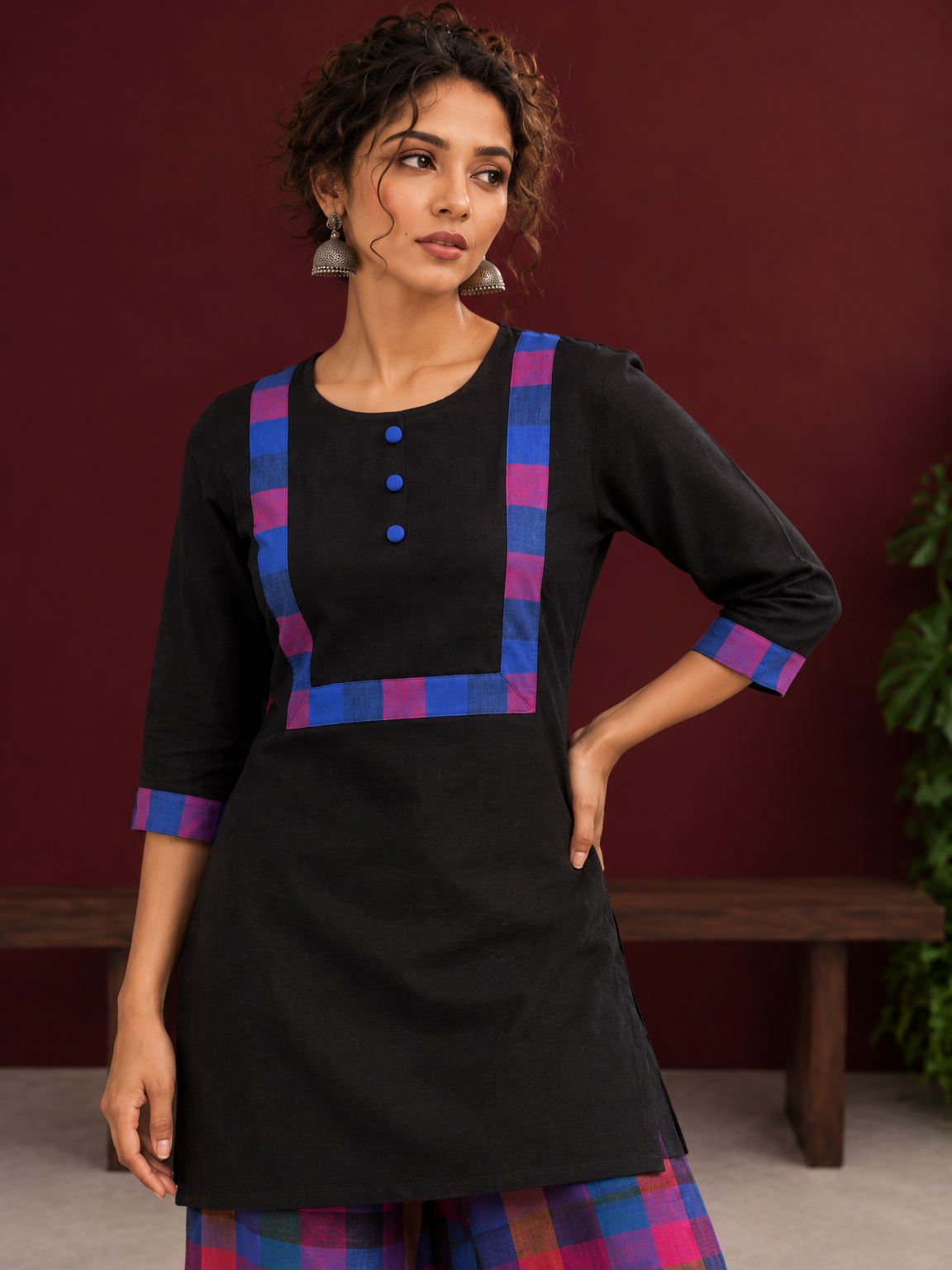 Timeless Black Cotton Kurta with Contrast Checkered Yoke Panel — fabric detail — view 3