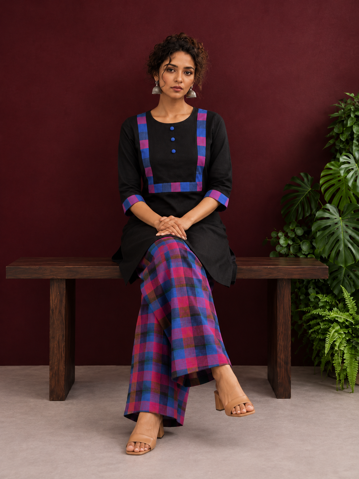 Timeless Black Cotton Kurta with Contrast Checkered Yoke Panel