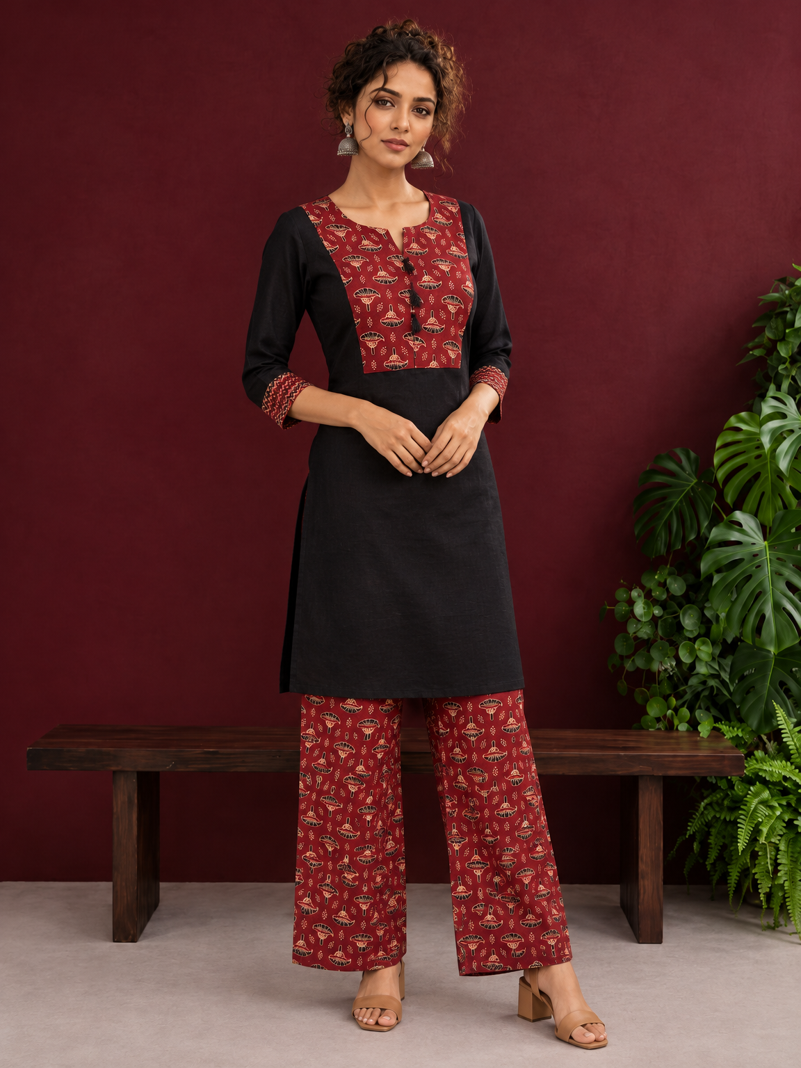 Classic Black Cotton Kurta with Maroon Ajrakh Print Yoke & Coordinated Sleeve Cuffs