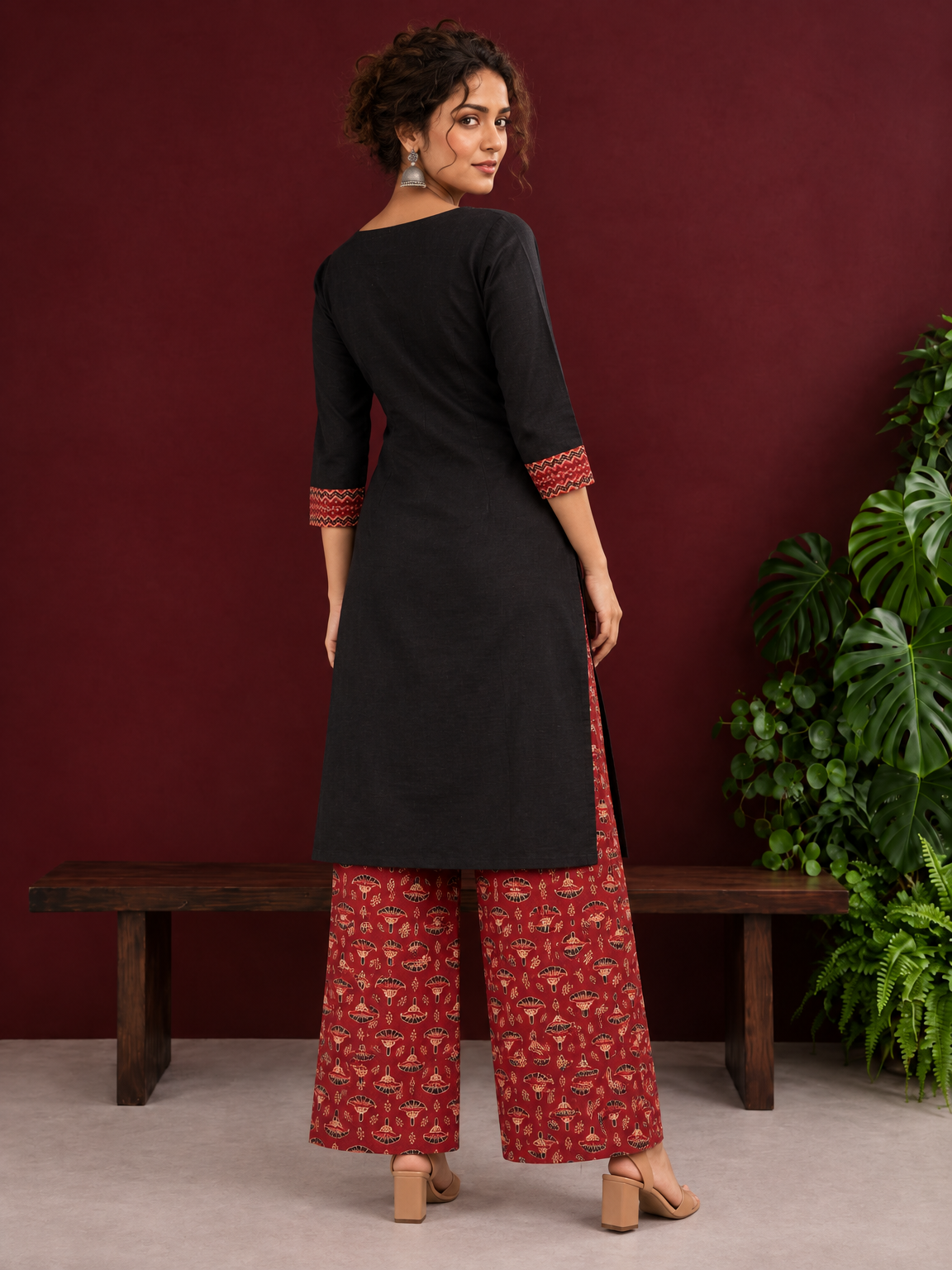 Classic Black Cotton Kurta with Maroon Ajrakh Print Yoke & Coordinated Sleeve Cuffs — back view — view 2