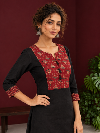 Classic Black Cotton Kurta with Maroon Ajrakh Print Yoke & Coordinated Sleeve Cuffs — styled view
