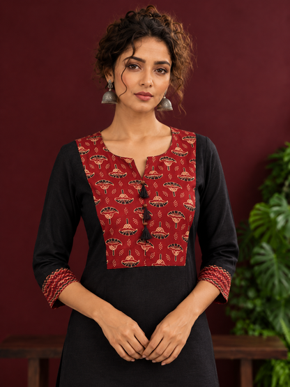 Classic Black Cotton Kurta with Maroon Ajrakh Print Yoke & Coordinated Sleeve Cuffs — fabric detail