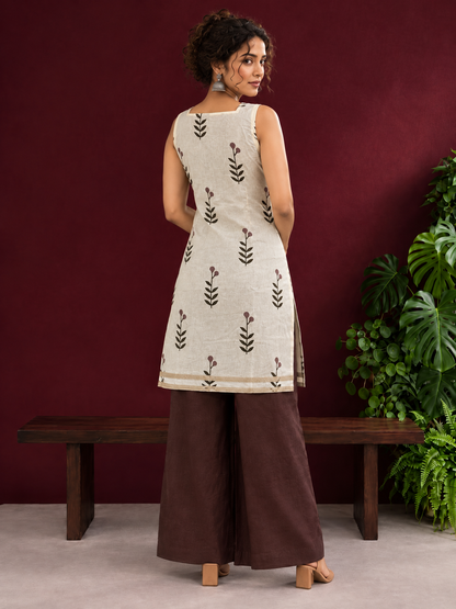 Off-White Cotton Kurta with Floral Leaf Block Print and Square Neck Contrast Trim — back view