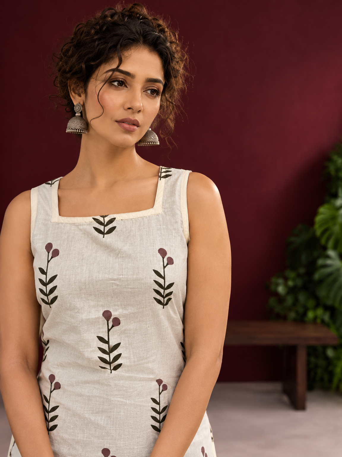 Off-White Cotton Kurta with Floral Leaf Block Print and Square Neck Contrast Trim — fabric detail — view 3