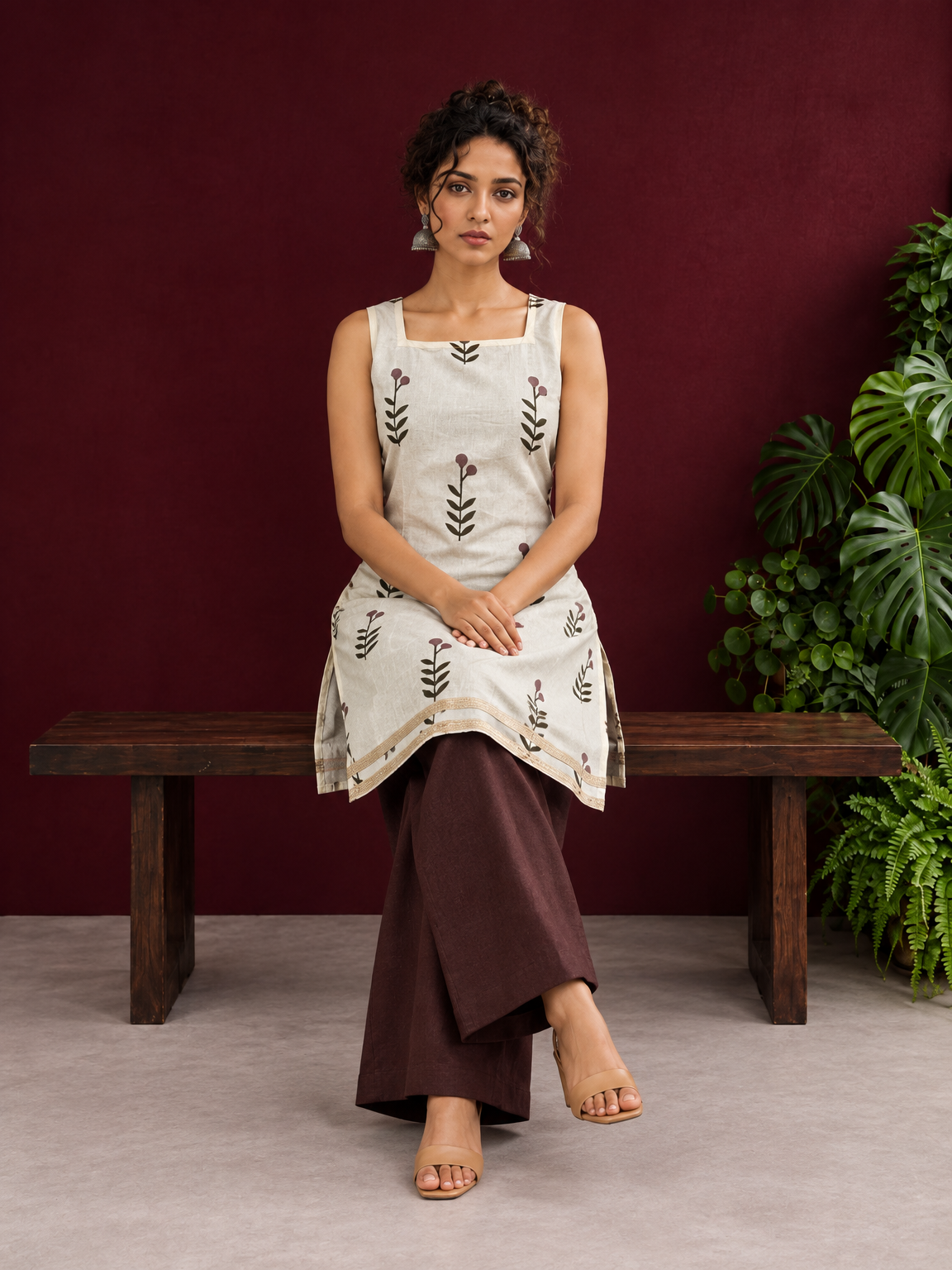 Off-White Cotton Kurta with Floral Leaf Block Print and Square Neck Contrast Trim