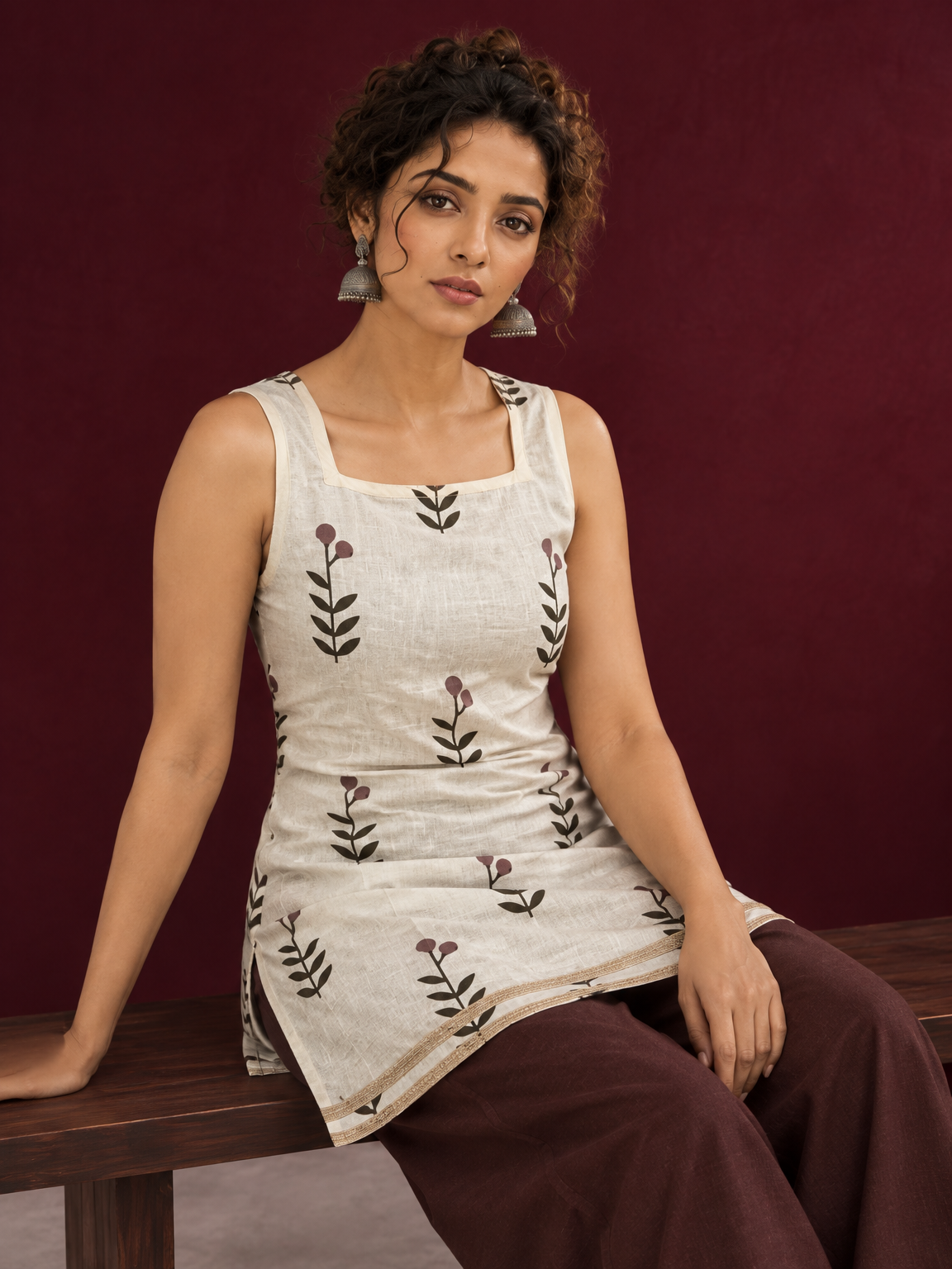 Off-White Cotton Kurta with Floral Leaf Block Print and Square Neck Contrast Trim — seated detail — view 6