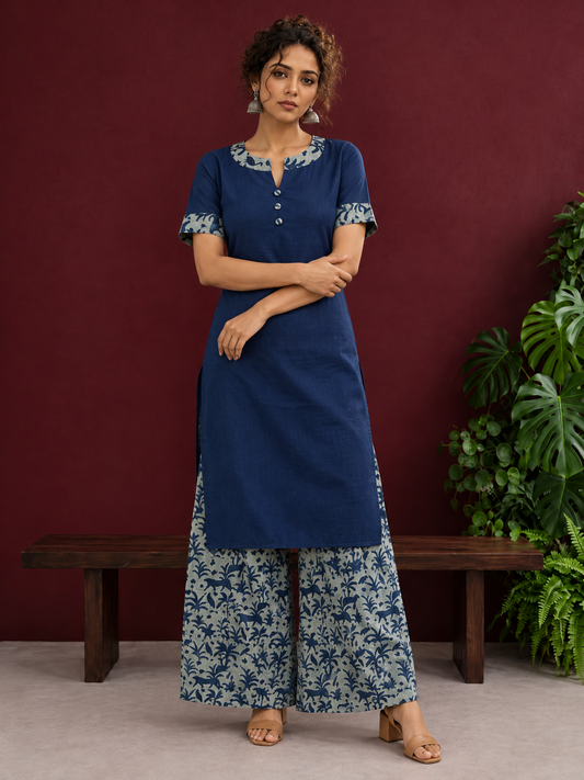 Navy Blue Cotton Kurta with Floral Printed Neckline and Sleeve Cuffs — front view