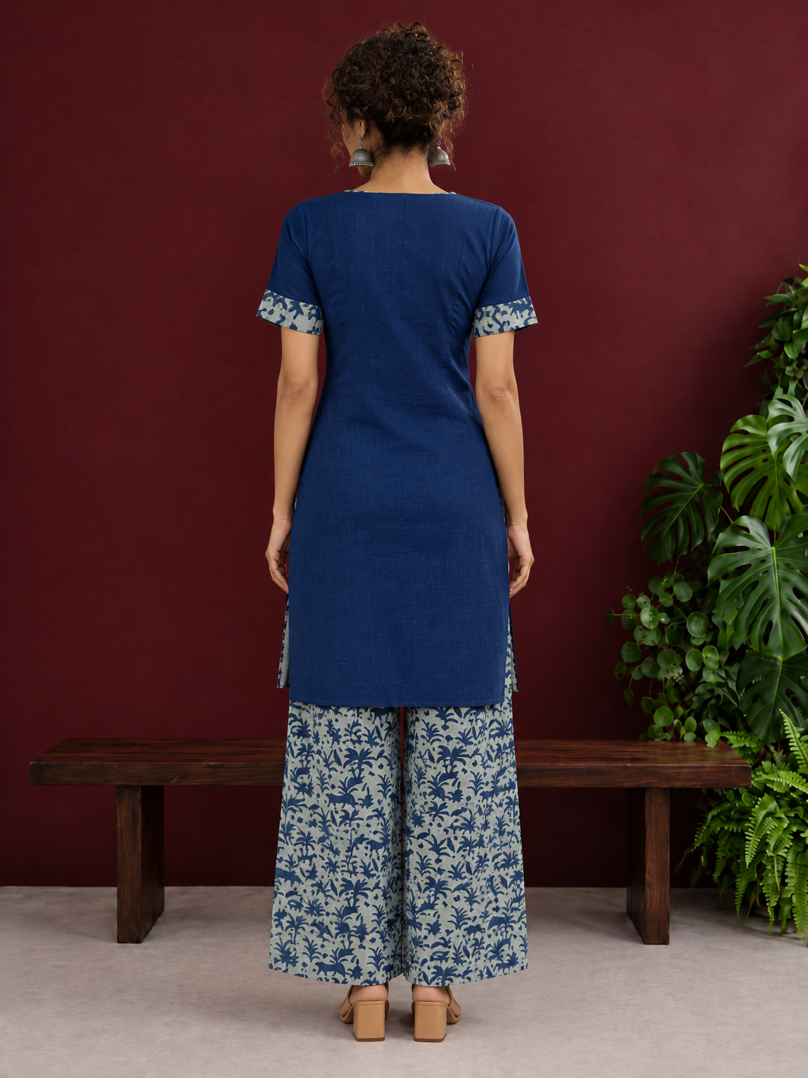 Navy Blue Cotton Kurta with Floral Printed Neckline and Sleeve Cuffs — back view — view 2