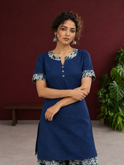 Navy Blue Cotton Kurta with Floral Printed Neckline and Sleeve Cuffs — styled view